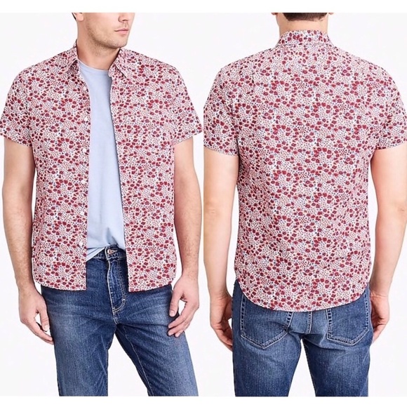 J. Crew Mercantile Flex Red Micro Floral Printed Button Up Short Sleeve Shirt - Picture 2 of 9